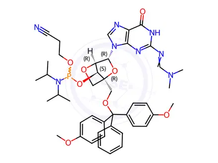 Chemical structure of Phosphoramidites Impurity 105 (2'-O-4'-C Locked-G(dmf) Phosphoramidite)