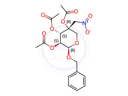 Chemical structure of BENZYL 2,3,4-TRI-O-ACETYL-4-NITROMETHYL-BETA-D-ARABINOPYRANOSE