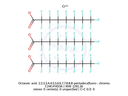 Chemical structure of Octanoic acid, 2,2,3,3,4,4,5,5,6,6,7,7,8,8,8-pentadecafluoro-, chromium(3+) salt (3:1)