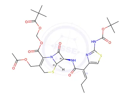 Chemical structure of (Pivaloyloxy)methyl (6R,7R)-3-(acetoxymethyl)-7-((Z)-2-(2-((tert-butoxycarbonyl)amino)thiazol-4-yl)pent-2-enamido)-8-oxo-5-thia-1-azabicyclo[4.2.0]oct-2-ene-2-carboxylate