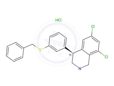 Chemical structure of (S)-4-(3-(Benzylthio)phenyl)-6,8-dichloro-2-methyl-1,2,3,4-tetrahydroisoquinoline hydrochloride