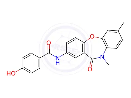 Chemical structure of N-(7,10-dimethyl-11-oxo-10,11-dihydrodibenzo[b,f][1,4]oxazepin-2-yl)-4-hydroxybenzamide