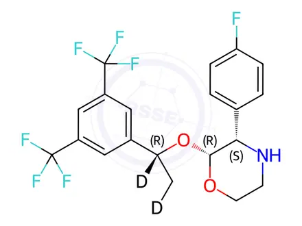 Chemical structure of 2-(R)-[1-(R)-(3,5-Bis(trifluoromethyl)phenyl)ethoxy]-3-(S)-fluorophenylmorpholine-d2 [Aprepitant-M2-d2]