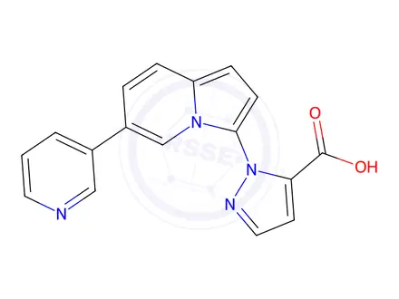 Chemical structure of 1-(6-(Pyridin-3-yl)indolizin-3-yl)-1H-pyrazole-5-carboxylic acid