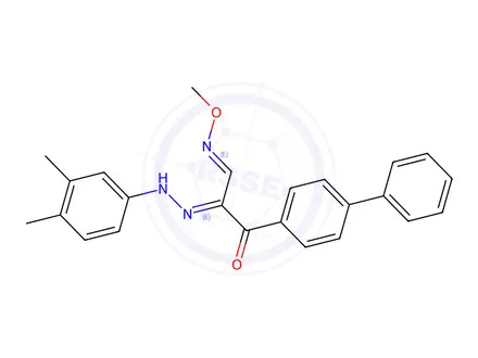 Chemical structure of (2E,3E)-1-{[1,1'-biphenyl]-4-yl}-2-[2-(3,4-dimethylphenyl)hydrazin-1-ylidene]-3-(methoxyimino)propan-1-one