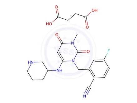 Chemical structure of 4-fluoro-2-((3-methyl-2,4-dioxo-6-(piperidin-3-ylamino)-3,4-dihydropyrimidin-1(2H)-yl)methyl)benzonitrile succinate