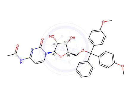Chemical structure of N-(1-((2R,3R,4S,5R)-5-((Bis(4-methoxyphenyl)(phenyl)methoxy)methyl)-3,4-dihydroxytetrahydrofuran-2-yl)-2-oxo-1,2-dihydropyrimidin-4-yl)acetamide