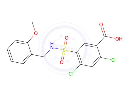 Chemical structure of 2,4-Dichloro-5-(2-methoxy-benzylsulfamoyl)-benzoic acid
