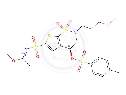 Chemical structure of Methyl (S,E)-N-((2-(3-methoxypropyl)-1,1-dioxido-4-(tosyloxy)-3,4-dihydro-2H-thieno[3,2-e][1,2]thiazin-6-yl)sulfonyl)acetimidate