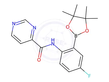 Chemical structure of N-[4-Fluoro-2-(4,4,5,5-tetramethyl-1,3,2-dioxaborolan-2-yl)phenyl]pyrimidine-4-carboxamide