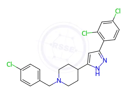 Chemical structure of 1-(4-chlorobenzyl)-4-[3-(2,4-dichlorophenyl)-1H-pyrazol-5-yl]piperidine