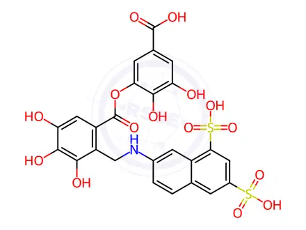 Chemical structure of Benzoic acid, 2-[[(6,8-disulfo-2-naphthalenyl)amino]methyl]-3,4,5-trihydroxy-, 1-(5-carboxy-2,3-dihydroxyphenyl) ester