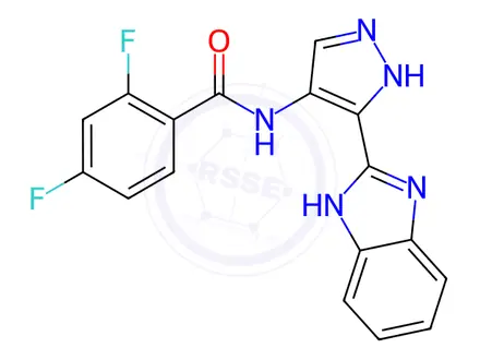 Chemical structure of N-(3-(1H-Benzo[d]imidazol-2-yl)-1H-pyrazol-4-yl)-2,4-difluorobenzamide