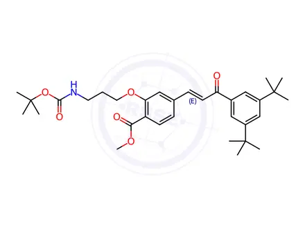 Chemical structure of Methyl (E)-2-(3-((tert-butoxycarbonyl)amino)propoxy)-4-(3-(3,5-di-tert-butylphenyl)-3-oxoprop-1-en-1-yl)benzoate