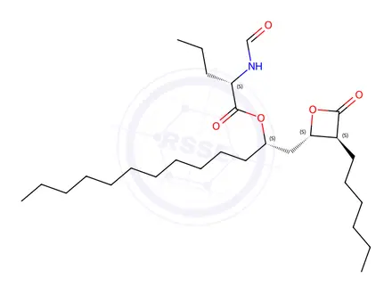 Chemical structure of (S)-(S)-1-((2S,3S)-3-hexyl-4-oxooxetan-2-yl)tridecan-2-yl 2-formamidopentanoate