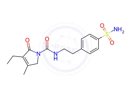 Chemical structure of Glimepiride impurityIII {4-[2-(3-ethyl-4-methyl-2-oxo-3-pyrroline-1-carboxamido)-eth yl] Benzene sulfonamide}
