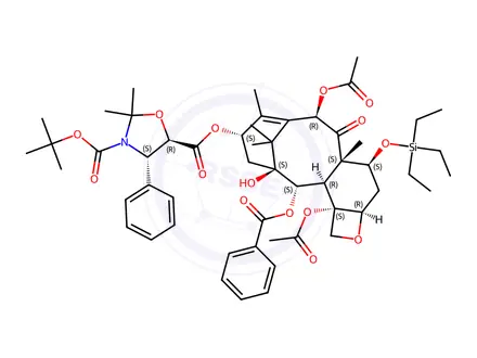 Chemical structure of 13-{[(3-N-Boc)-2,2-dimethyl-4S-phenyl-1,3-oxazolidin-5R-yl]formyl}-7-O-(triethylsilyl) Baccatin III