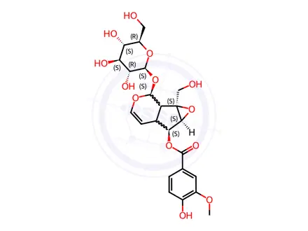 Chemical structure of [(1aS,2S,6S,6aS)-1a,1b,2,5a,6,6a-Hexahydro-6-[(4-hydroxy-3-methoxybenzoyl)oxy]-1aβ-(hydroxymethyl)oxireno[4,5]cyclopenta[1,2-c]pyran-2-yl]β-D-glucopyranoside