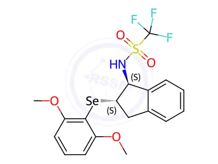 Chemical structure of N-((1S,2S)-2-((2,6-Dimethoxyphenyl)selanyl)-2,3-dihydro-1H-inden-1-yl)-1,1,1-trifluoromethanesulfonamide