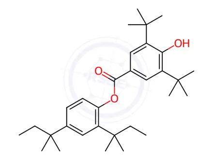 Chemical structure of Benzoic acid, 3,5-bis(1,1-dimethylethyl)-4-hydroxy-,2,4-bis(1,1-dimethylpropyl)phenyl ester
