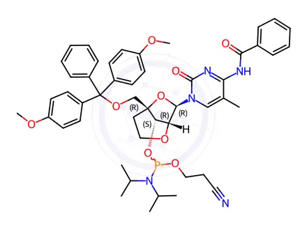 Chemical structure of Benzamide, N-[1-[2,6-anhydro-4-C-[[bis(4-methoxyphenyl)phenylmethoxy]methyl]-3-O-[[bis(1-methylethyl)amino](2-cyanoethoxy)phosphino]-5-deoxy-α-L-lyxo-hexofuranosyl]-1,2-dihydro-5-methyl-2-oxo-4-pyrimidinyl]-