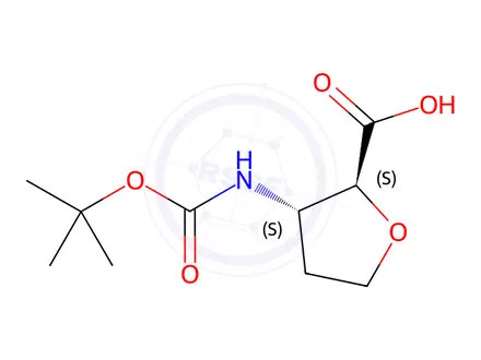 Chemical structure of (2S,3S)-3-(tert-butoxycarbonylamino)tetrahydrofuran-2-carboxylic acid