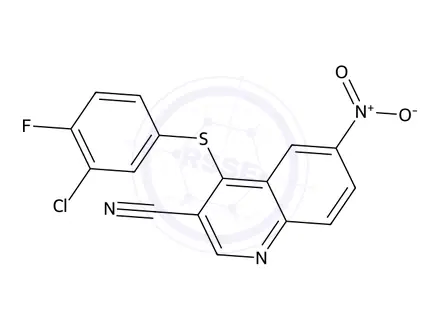 Chemical structure of 4-((3-Chloro-4-fluorophenyl)thio)-6-nitroquinoline-3-carbonitrile