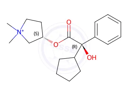 Chemical structure of (S)-3-((R)-2-cyclopentyl-2-hydroxy-2-phenylacetoxy)-1,1-dimethylpyrrolidin-1-ium 4-methylbenzenesulfonate hydrate