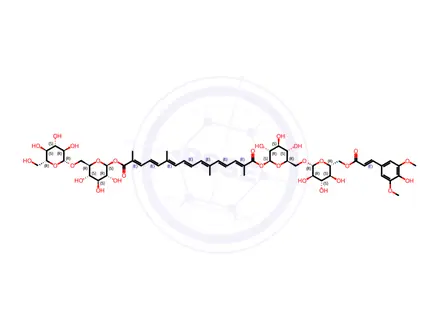 Chemical structure of 1-((2S,3R,4S,5S,6R)-3,4,5-trihydroxy-6-((((2R,3R,4S,5S,6R)-3,4,5-trihydroxy-6-((((E)-3-(4-hydroxy-3,5-dimethoxyphenyl)acryloyl)oxy)methyl)tetrahydro-2H-pyran-2-yl)oxy)methyl)tetrahydro-2H-pyran-2-yl) 16-((2S,3R,4S,5S,6R)-3,4,5-trihydroxy-6-((((2R,3R,4S,5S,6R)-3,4,5-trihydroxy-6-(hydroxymethyl)tetrahydro-2H-pyran-2-yl)oxy)methyl)tetrahydro-2H-pyran-2-yl) (2E,4E,6E,8E,10E,12E,14E)-2,6,11,15-tetramethylhexadeca-2,4,6,8,10,12,14-heptaenedioate