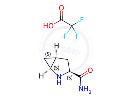 Chemical structure of (1R,3S,5R)-2-azabicyclo[3.1.0]hexaane-3-carboxamide 2,2,2-trifluroacetate