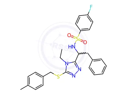 Chemical structure of N-(1-(4-ethyl-5-((4-methylbenzyl)thio)-4H-1,2,4-triazol-3-yl)-2-phenylethyl)-4-fluorobenzenesulfonamide