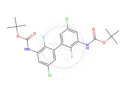 Chemical structure of Di-tert-butyl (5,5'-dichloro-2,2'-difluoro-[1,1'-biphenyl]-3,3'-diyl)dicarbamate