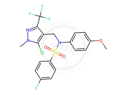Chemical structure of N-{[5-chloro-1-methyl-3-(trifluoromethyl)-1H-pyrazol-4-yl]methyl}-4-fluoro-N-(4-methoxyphenyl)benzene-1-sulfonamide