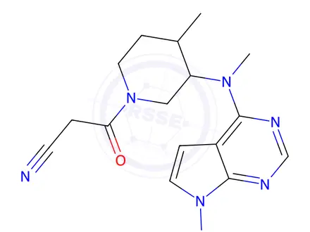 Chemical structure of 3-(4-methyl-3-(methyl(7-nitroso-7H-pyrrolo[2,3-d]pyrimidin-4-yl)amino)piperidin-1-yl)-3-oxopropanenitrile