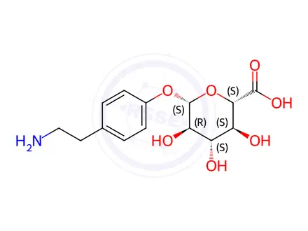 Chemical structure of Tyramine-O-glucuronide; β-D-Glucopyranosiduronic acid, 4-(2-aminoethyl)phenyl; (2S,3S,4S,5R,6S)-6-(4-(2-aminoethyl)phenoxy)-3,4,5-trihydroxytetrahydro-2H-pyran-2-carboxylic acid