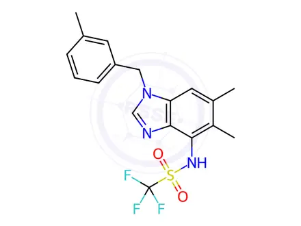 Chemical structure of N-(5,6-dimethyl-1-(3-methylbenzyl)-1H-benzo[d]imidazol-4-yl)-1,1,1-trifluoromethanesulfonamide