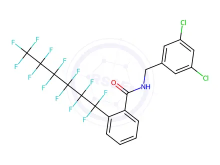 Chemical structure of N-(3,5-dichlorobenzyl)-2-(1,1,2,2,3,3,4,4,5,5,6,6,6-tridecafluorohexyl)benzamide