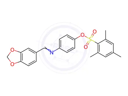 Chemical structure of 4-[(E)-[(2H-1,3-Benzodioxol-5-yl)methylidene]amino]phenyl 2,4,6-trimethylbenzene-1-sulfonate