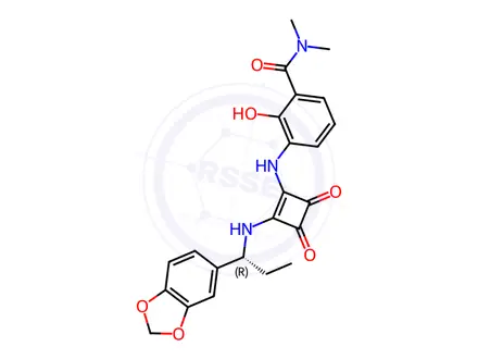 Chemical structure of Benzamide, 3-[[2-[[(1R)-1-(1,3-benzodioxol-5-yl)propyl]amino]-3,4-dioxo-1-cyclobuten-1-yl]amino]-2-hydroxy-N,N-dimethyl-
