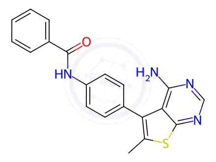 Chemical structure of N-(4-(4-Amino-6-methylthieno[2,3-d]pyrimidin-5-yl)phenyl)benzamide