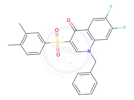 Chemical structure of 1-Benzyl-3-((3,4-dimethylphenyl)sulfonyl)-6,7-difluoroquinolin-4(1H)-one