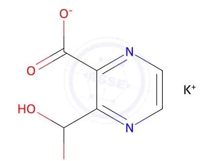 Chemical structure of potassium 3-(dihydroxymethyl)pyrazine-2-carboxylate