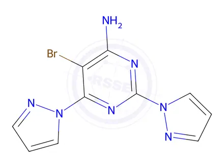 Chemical structure of 5-bromo-2,6-di(1H-pyrazol-1-yl)pyrimidin-4-amine