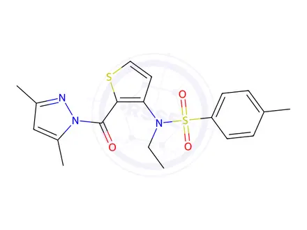 Chemical structure of N-(2-(3,5-dimethyl-1H-pyrazole-1-carbonyl)thiophen-3-yl)-N-ethyl-4-methylbenzenesulfonamide
