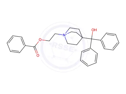Chemical structure of 1-(2-(benzoyloxy)ethyl)-4-(hydroxydiphenylmethyl)quinuclidin-1-ium