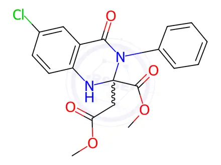 Chemical structure of 6-Chloro-3,4-dihydro-2-(methoxycarbonyl)-4-oxo-3-phenyl-2(1H)-quinazolineacetic acid methyl ester