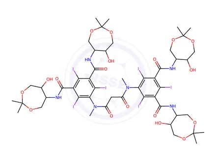 Chemical structure of 5,5'-(malonylbis(methylazanediyl))bis(N1,N3-bis(6-hydroxy-2,2-dimethyl-1,3-dioxepan-5-yl)-2,4,6-triiodoisophthalamide)
