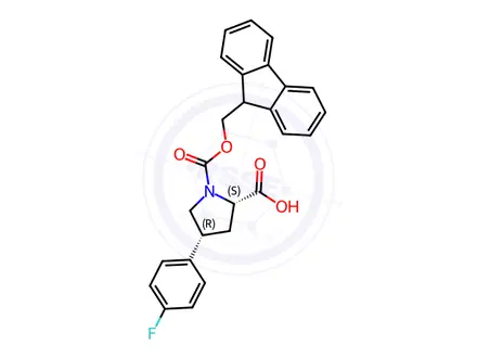 Chemical structure of (2S,4R)-1-(((9H-fluoren-9-yl)methoxy)carbonyl)-4-(4-fluorophenyl)pyrrolidine-2-carboxylic acid