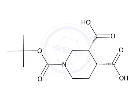 Chemical structure of (3R,4R)-1-(tert-butoxycarbonyl)piperidine-3,4-dicarboxylic acid