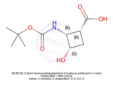 Chemical structure of (1R,2R,3S)-2-((tert-butoxycarbonyl)amino)-3-hydroxycyclobutane-1-carboxylic acid